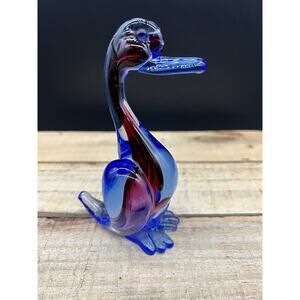 Vintage Murano Art Glass Duck Figurine Purple Blue Pink Italy - Signed